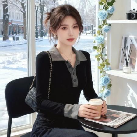 FA47711# 黑灰色polo领修身内搭长袖T恤女新款早秋季可外穿高级感上衣  服裝批發女裝批發服飾貨源