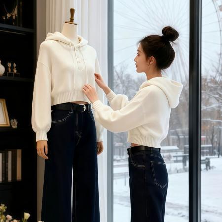 FA47712# 白色半开领短款连帽针织衫女秋冬季新款氛围感绝美巨好看上衣  服裝批發女裝批發服飾貨源