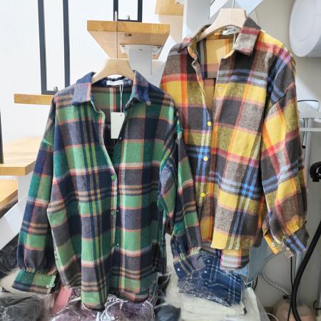 FA47713# 韩版春秋季加厚磨毛格子衬衫设计感休闲长袖宽松衬衣外套女  服裝批發女裝批發服飾貨源