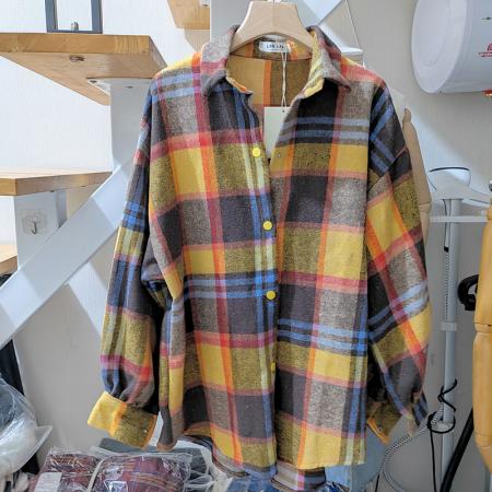 FA47713# 韩版春秋季加厚磨毛格子衬衫设计感休闲长袖宽松衬衣外套女  服裝批發女裝批發服飾貨源