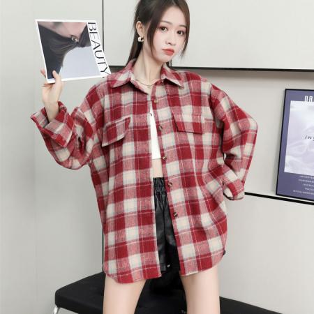 FA47714# 秋冬新款设计感双袋盖毛呢格子衬衫overweight长袖衬衣外套女  服裝批發女裝批發服飾貨源