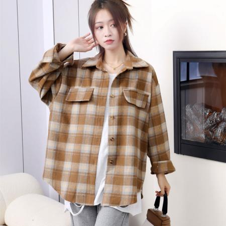 FA47714# 秋冬新款设计感双袋盖毛呢格子衬衫overweight长袖衬衣外套女  服裝批發女裝批發服飾貨源