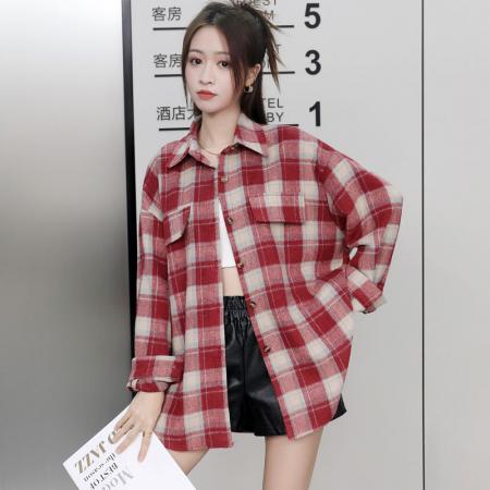 FA47714# 秋冬新款设计感双袋盖毛呢格子衬衫overweight长袖衬衣外套女  服裝批發女裝批發服飾貨源