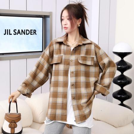 FA47714# 秋冬新款设计感双袋盖毛呢格子衬衫overweight长袖衬衣外套女  服裝批發女裝批發服飾貨源