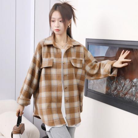 FA47714# 秋冬新款设计感双袋盖毛呢格子衬衫overweight长袖衬衣外套女  服裝批發女裝批發服飾貨源