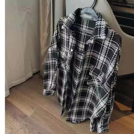 FA47715# 韩版秋季oversize长袖复古格子毛呢衬衫双口袋休闲宽松外套女衬衣  服裝批發女裝批發服飾貨源