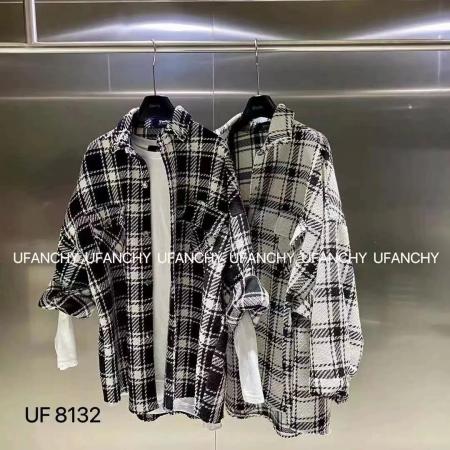 FA47715# 韩版秋季oversize长袖复古格子毛呢衬衫双口袋休闲宽松外套女衬衣  服裝批發女裝批發服飾貨源