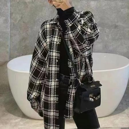 FA47715# 韩版秋季oversize长袖复古格子毛呢衬衫双口袋休闲宽松外套女衬衣  服裝批發女裝批發服飾貨源