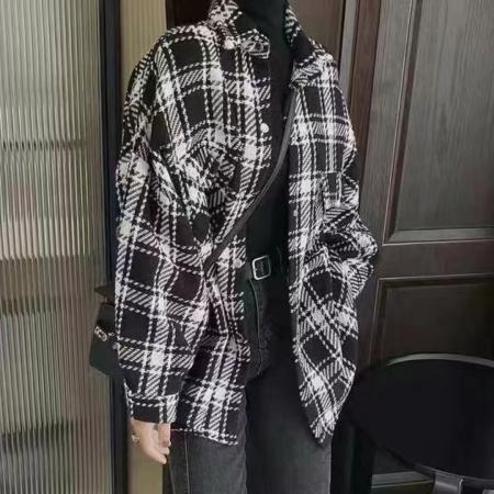 FA47715# 韩版秋季oversize长袖复古格子毛呢衬衫双口袋休闲宽松外套女衬衣  服裝批發女裝批發服飾貨源