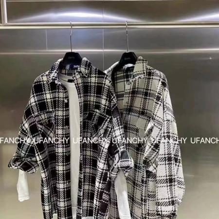 FA47715# 韩版秋季oversize长袖复古格子毛呢衬衫双口袋休闲宽松外套女衬衣  服裝批發女裝批發服飾貨源