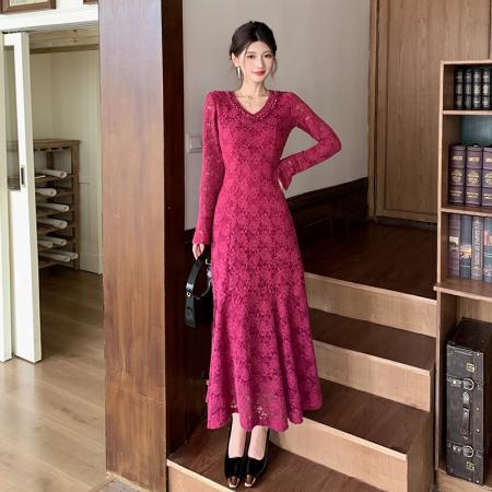 FA47724# 十三行品质法式重工镂空圆领拼接蕾丝睫毛修身鱼尾连衣裙  服裝批發女裝批發服飾貨源