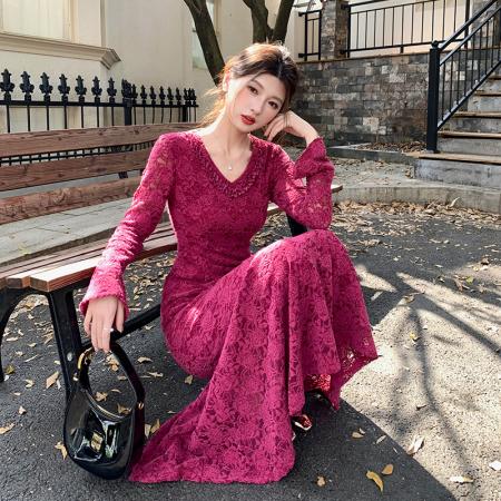 FA47724# 十三行品质法式重工镂空圆领拼接蕾丝睫毛修身鱼尾连衣裙  服裝批發女裝批發服飾貨源