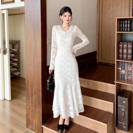 FA47724# 十三行品质法式重工镂空圆领拼接蕾丝睫毛修身鱼尾连衣裙  服裝批發女裝批發服飾貨源