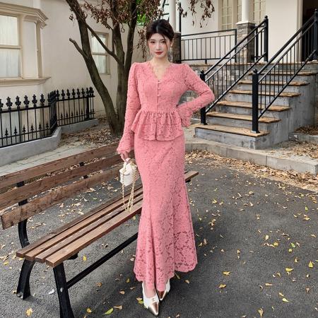 FA47725# 十三行品质蕾丝上衣高级感包臀鱼尾裙套装设计感打底衬衫  服裝批發女裝批發服飾貨源