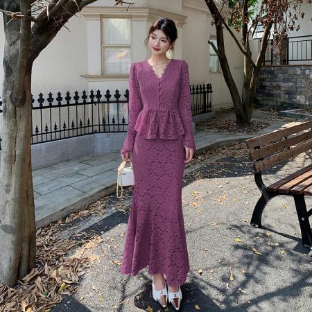 FA47725# 十三行品质蕾丝上衣高级感包臀鱼尾裙套装设计感打底衬衫  服裝批發女裝批發服飾貨源