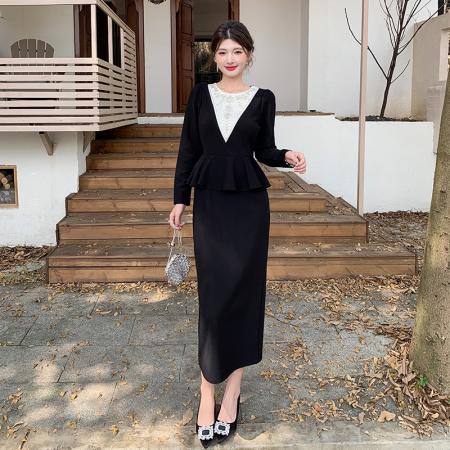 FA47726# 十三行品质名媛气质减龄长袖拼接荷叶边钉珠假两件连衣裙  服裝批發女裝批發服飾貨源