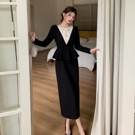 FA47726# 十三行品质名媛气质减龄长袖拼接荷叶边钉珠假两件连衣裙  服裝批發女裝批發服飾貨源