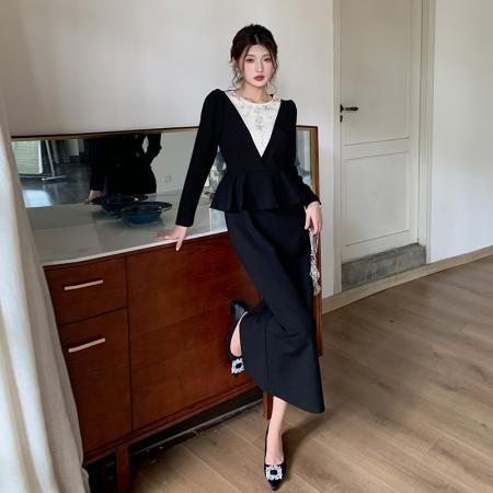 FA47726# 十三行品质名媛气质减龄长袖拼接荷叶边钉珠假两件连衣裙  服裝批發女裝批發服飾貨源