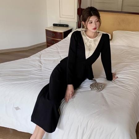 FA47726# 十三行品质名媛气质减龄长袖拼接荷叶边钉珠假两件连衣裙  服裝批發女裝批發服飾貨源