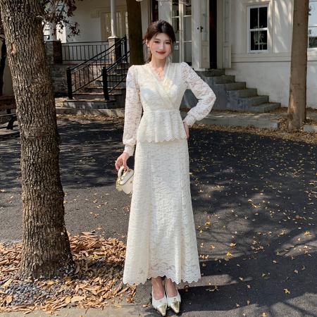 FA47727# 十三行品质秋冬新款镂空蕾丝刺绣上衣半身裙两件套连衣裙  服裝批發女裝批發服飾貨源