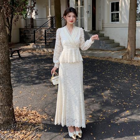 FA47727# 十三行品质秋冬新款镂空蕾丝刺绣上衣半身裙两件套连衣裙  服裝批發女裝批發服飾貨源