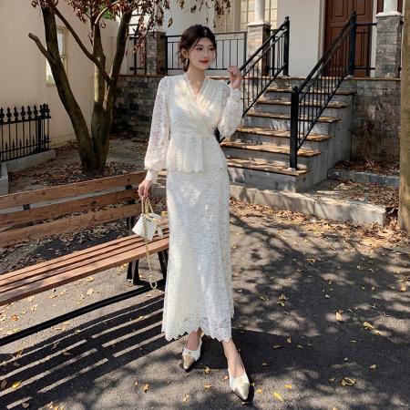 FA47727# 十三行品质秋冬新款镂空蕾丝刺绣上衣半身裙两件套连衣裙  服裝批發女裝批發服飾貨源