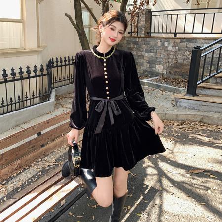 FA47728# 十三行品质玖月伍秋冬新款赫本风黑色丝绒长袖连衣裙  服裝批發女裝批發服飾貨源