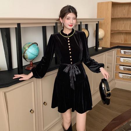 FA47728# 十三行品质玖月伍秋冬新款赫本风黑色丝绒长袖连衣裙  服裝批發女裝批發服飾貨源