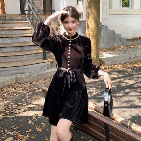 FA47728# 十三行品质玖月伍秋冬新款赫本风黑色丝绒长袖连衣裙  服裝批發女裝批發服飾貨源