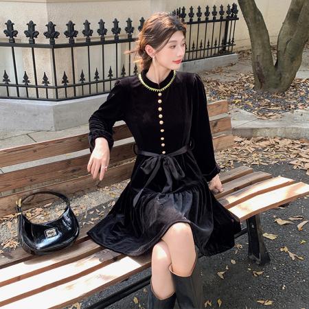 FA47728# 十三行品质玖月伍秋冬新款赫本风黑色丝绒长袖连衣裙  服裝批發女裝批發服飾貨源