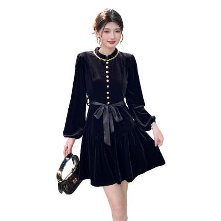 FA47728# 十三行品质玖月伍秋冬新款赫本风黑色丝绒长袖连衣裙  服裝批發女裝批發服飾貨源