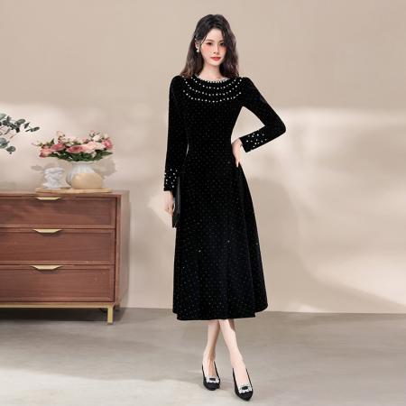 FA47729# 十三行品质富家千金连衣裙烫钻赫本风小黑裙显瘦名媛礼服裙  服裝批發女裝批發服飾貨源