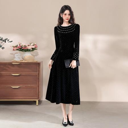 FA47729# 十三行品质富家千金连衣裙烫钻赫本风小黑裙显瘦名媛礼服裙  服裝批發女裝批發服飾貨源