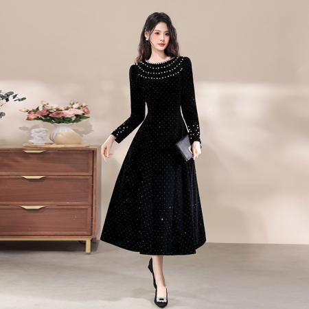 FA47729# 十三行品质富家千金连衣裙烫钻赫本风小黑裙显瘦名媛礼服裙  服裝批發女裝批發服飾貨源