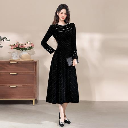 FA47729# 十三行品质富家千金连衣裙烫钻赫本风小黑裙显瘦名媛礼服裙  服裝批發女裝批發服飾貨源