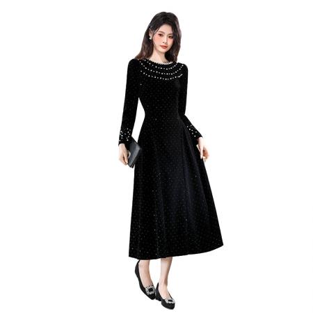 FA47729# 十三行品质富家千金连衣裙烫钻赫本风小黑裙显瘦名媛礼服裙  服裝批發女裝批發服飾貨源