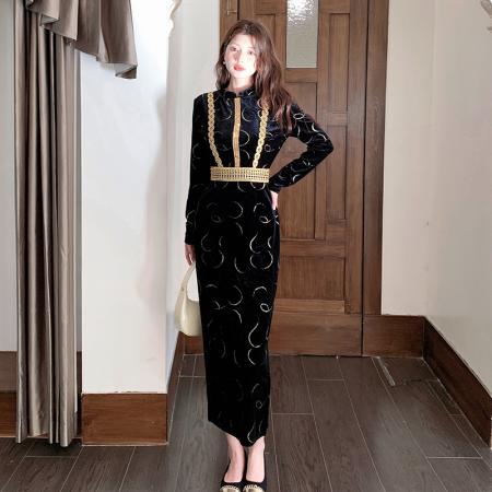 FA47731# 十三行品质秋冬新款高级感小立领收腰显瘦包臀连衣裙  服裝批發女裝批發服飾貨源