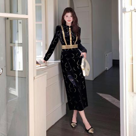 FA47731# 十三行品质秋冬新款高级感小立领收腰显瘦包臀连衣裙  服裝批發女裝批發服飾貨源