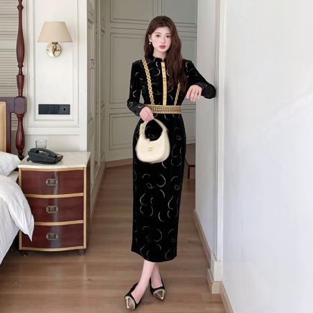 FA47731# 十三行品质秋冬新款高级感小立领收腰显瘦包臀连衣裙  服裝批發女裝批發服飾貨源