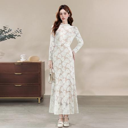 FA47732# 十三行品质高级感时尚小立领钉珠收腰显瘦长袖蕾丝连衣裙  服裝批發女裝批發服飾貨源