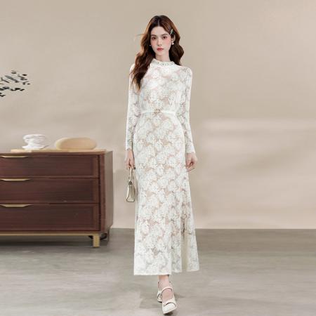 FA47732# 十三行品质高级感时尚小立领钉珠收腰显瘦长袖蕾丝连衣裙  服裝批發女裝批發服飾貨源