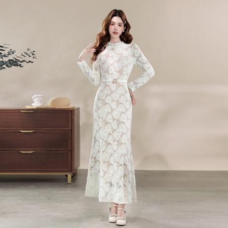 FA47732# 十三行品质高级感时尚小立领钉珠收腰显瘦长袖蕾丝连衣裙  服裝批發女裝批發服飾貨源