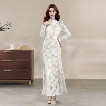 FA47732# 十三行品质高级感时尚小立领钉珠收腰显瘦长袖蕾丝连衣裙  服裝批發女裝批發服飾貨源