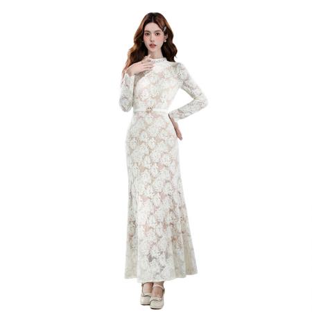 FA47732# 十三行品质高级感时尚小立领钉珠收腰显瘦长袖蕾丝连衣裙  服裝批發女裝批發服飾貨源