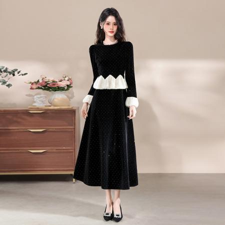 FA47734# 十三行品质小香风连衣裙气质名媛烫钻荷叶边收腰蓬蓬长裙  服裝批發女裝批發服飾貨源