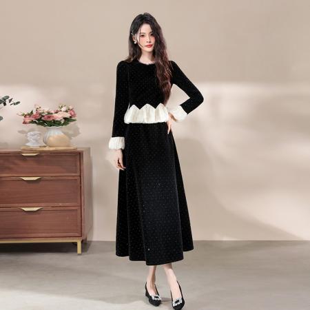 FA47734# 十三行品质小香风连衣裙气质名媛烫钻荷叶边收腰蓬蓬长裙  服裝批發女裝批發服飾貨源