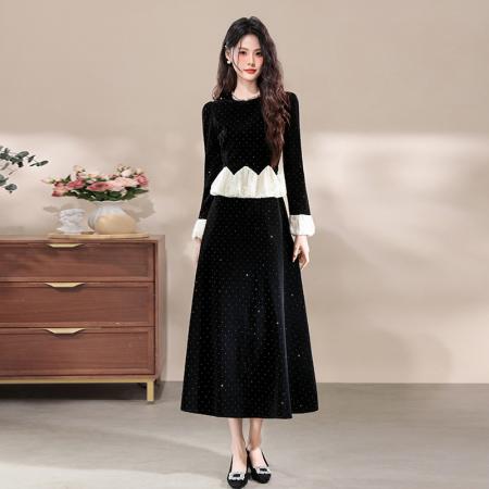 FA47734# 十三行品质小香风连衣裙气质名媛烫钻荷叶边收腰蓬蓬长裙  服裝批發女裝批發服飾貨源