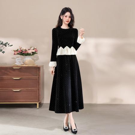 FA47734# 十三行品质小香风连衣裙气质名媛烫钻荷叶边收腰蓬蓬长裙  服裝批發女裝批發服飾貨源