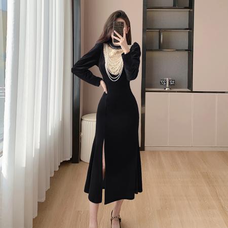 FA47739# 黑色晚礼服女新款轻奢小众高端丝绒长袖宴会鱼尾主持人裙  服裝批發女裝批發服飾貨源