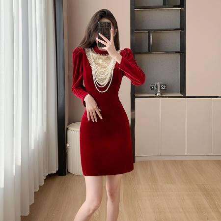 FA47739# 黑色晚礼服女新款轻奢小众高端丝绒长袖宴会鱼尾主持人裙  服裝批發女裝批發服飾貨源